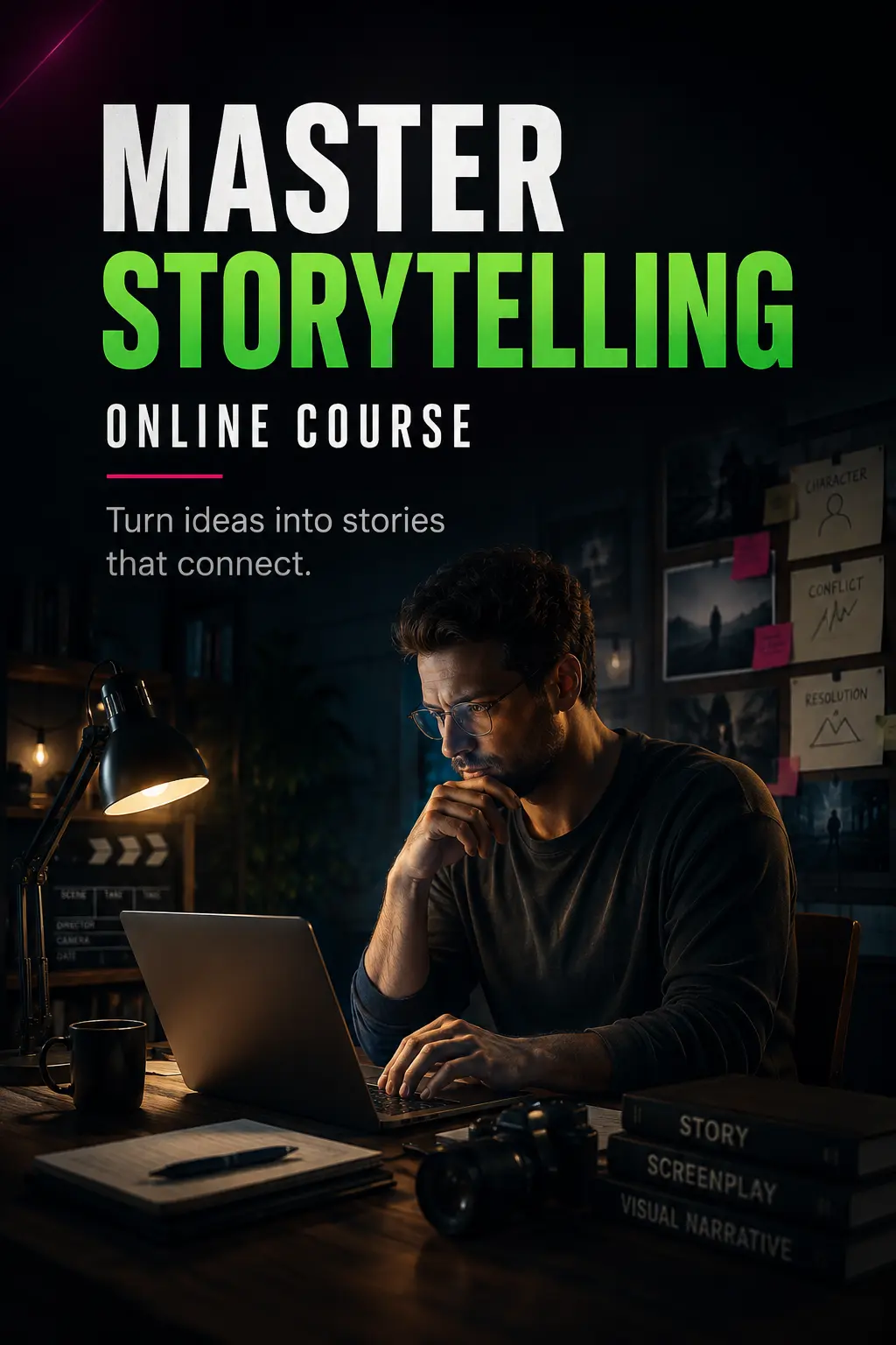 Example course poster: a writer working at a laptop by lamplight