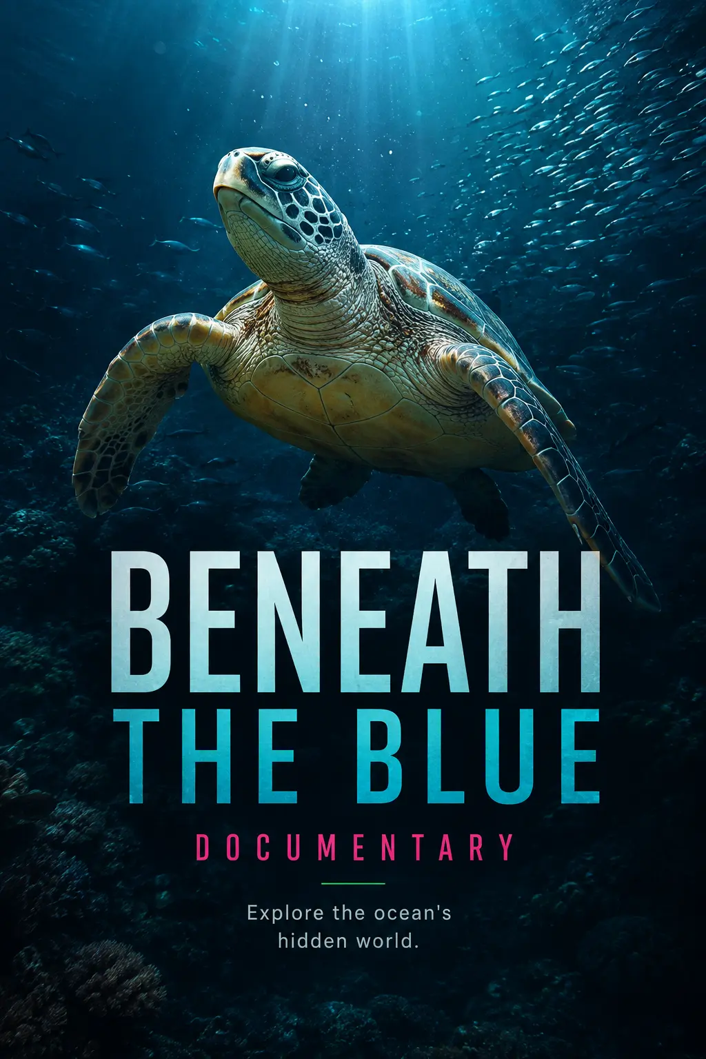 Example documentary poster: a sea turtle in sunlit ocean water