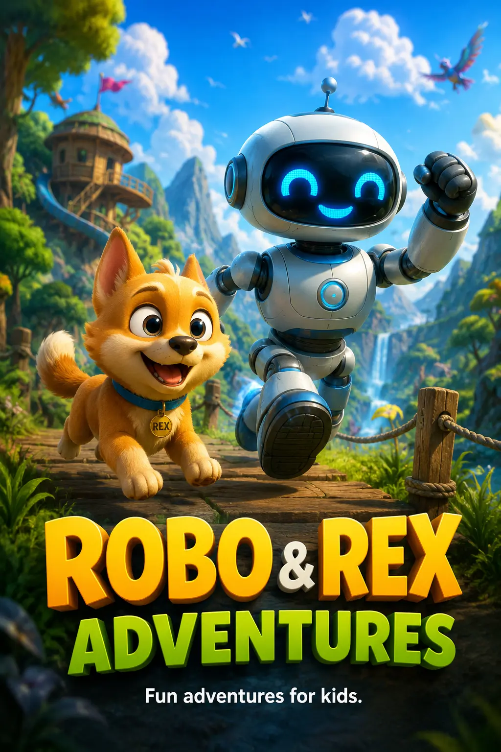 Example kids poster: an animated cub running along a forest trail