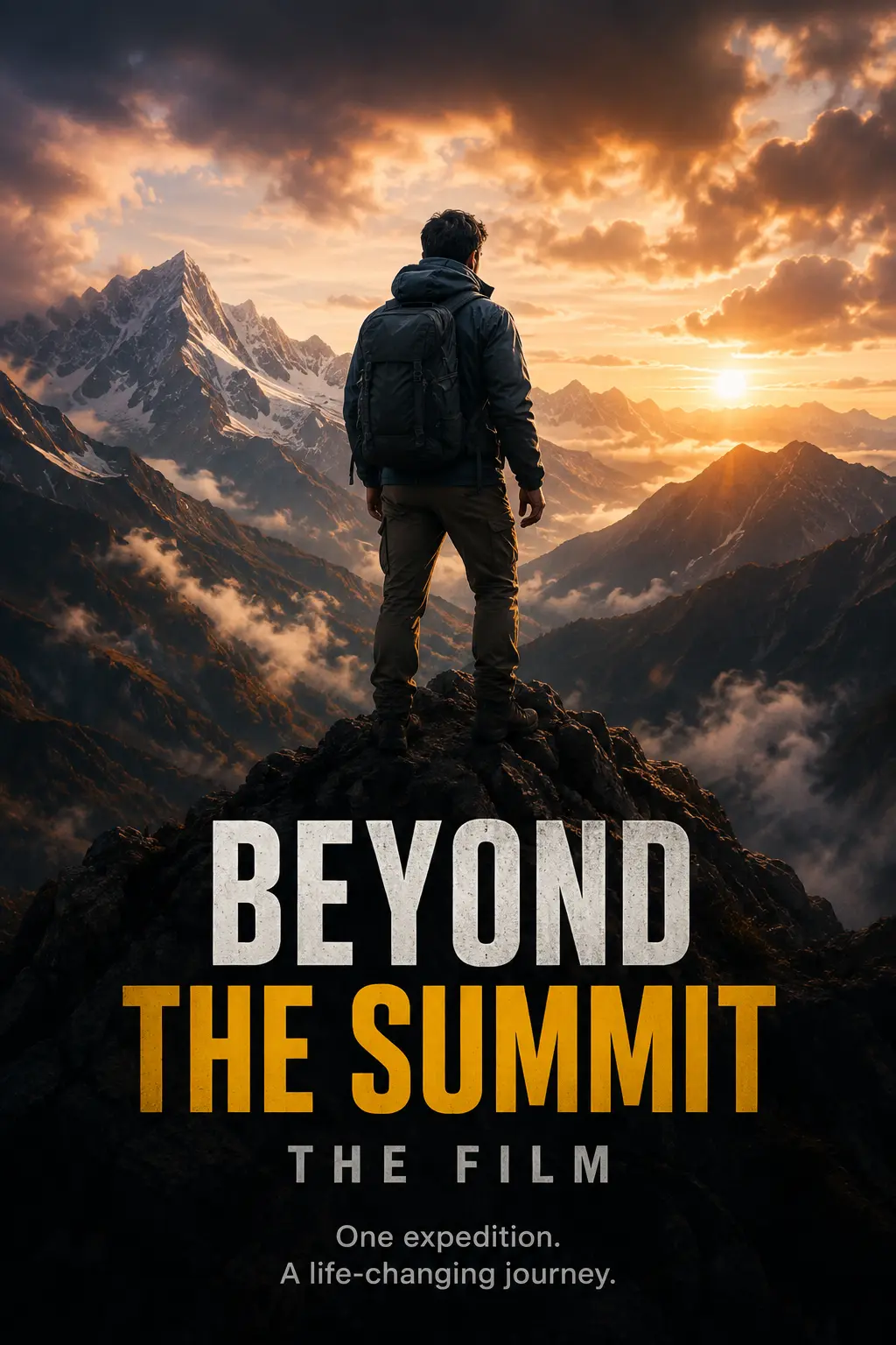 Example movie poster: a hiker on a mountain ridge at sunrise
