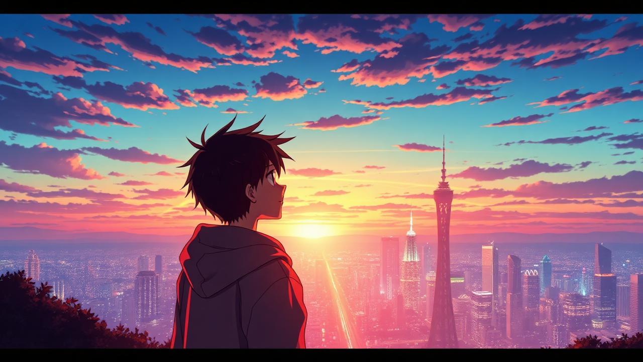 Anime series art: a teen looking over a glowing city skyline at sunset