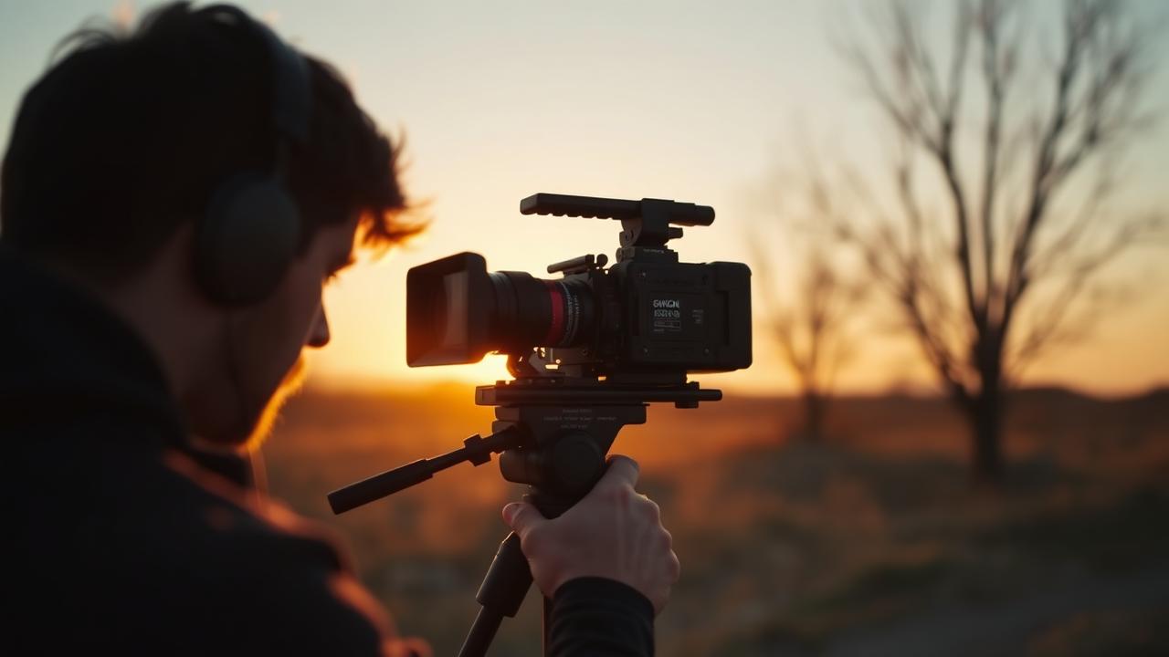 Course still: a filmmaker adjusting a cinema camera during a golden hour shoot
