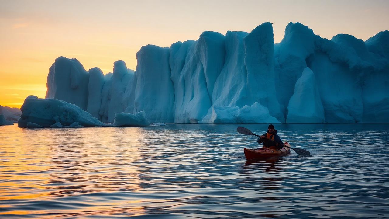 Documentary still: a kayaker paddling past a large blue iceberg at sunset