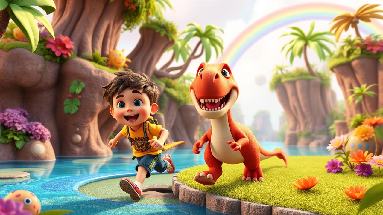 Animated kids film still: a boy and a friendly cartoon dinosaur in a colorful jungle