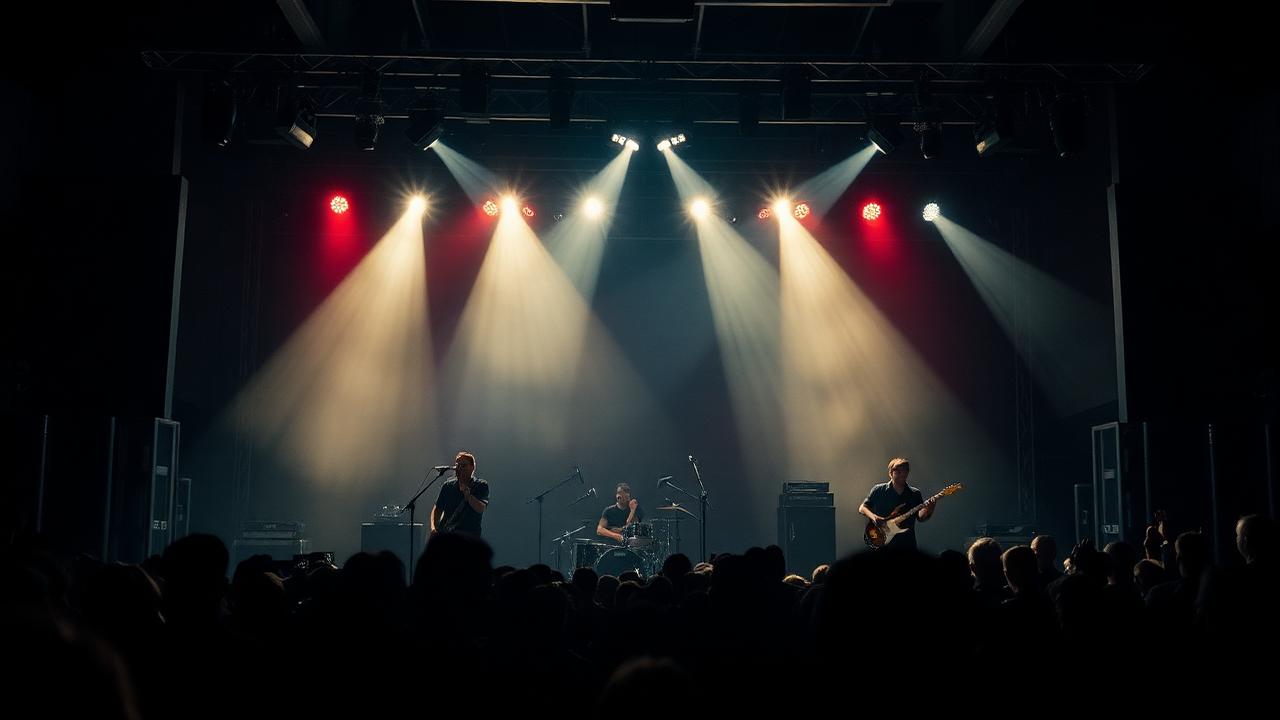 Concert film still: a band performing on a warehouse stage under dramatic lighting
