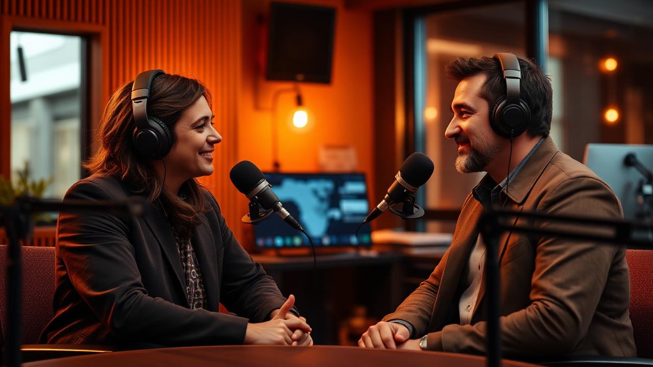 Talk series still: two hosts in conversation in a warm modern podcast studio