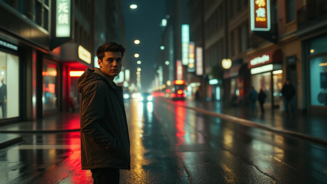Short film still: a man standing on a rainy neon-lit city street at night